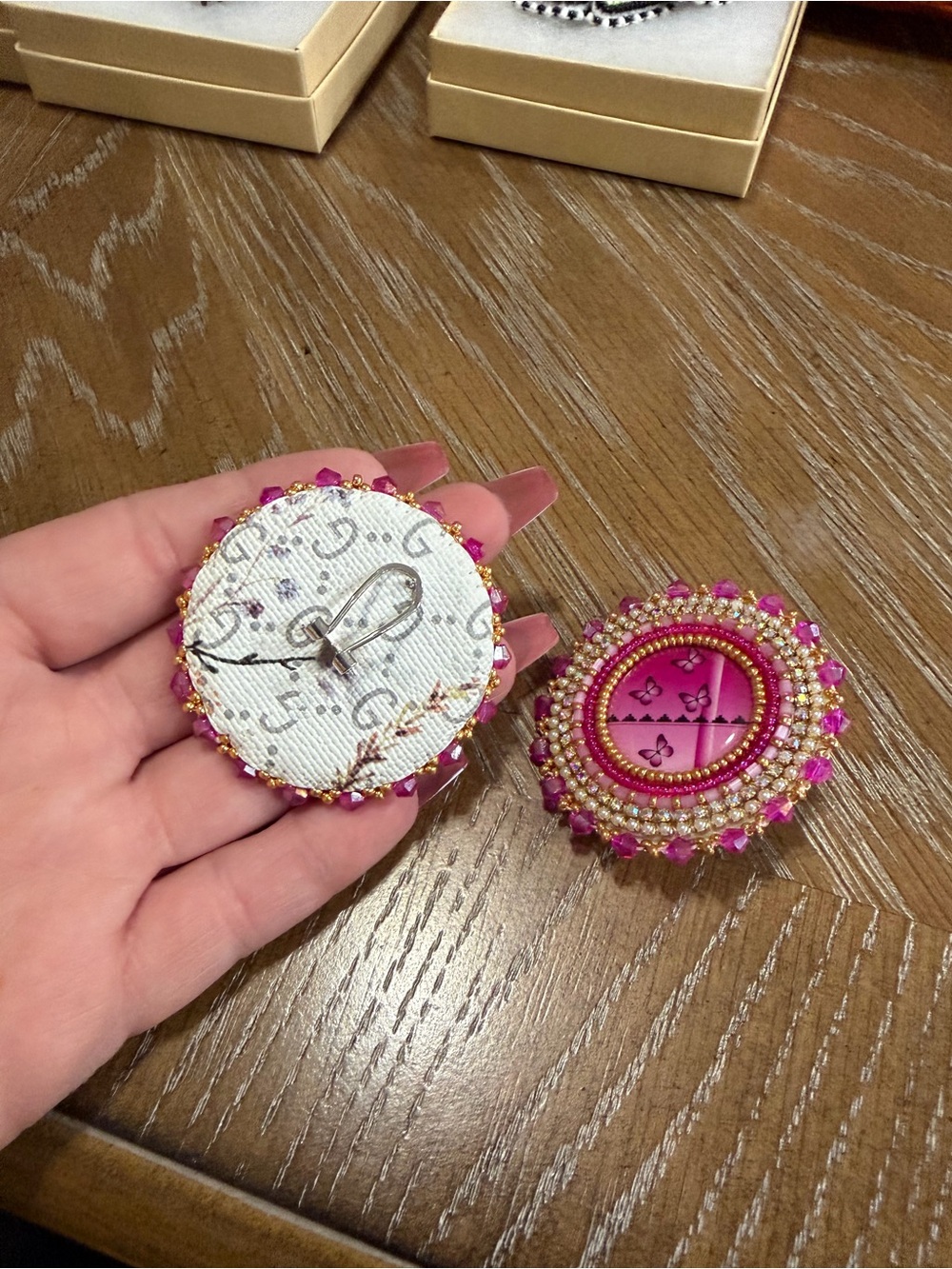 Pink Beaded Round Statement Earrings with Gold Accents - Picture 2 of 4